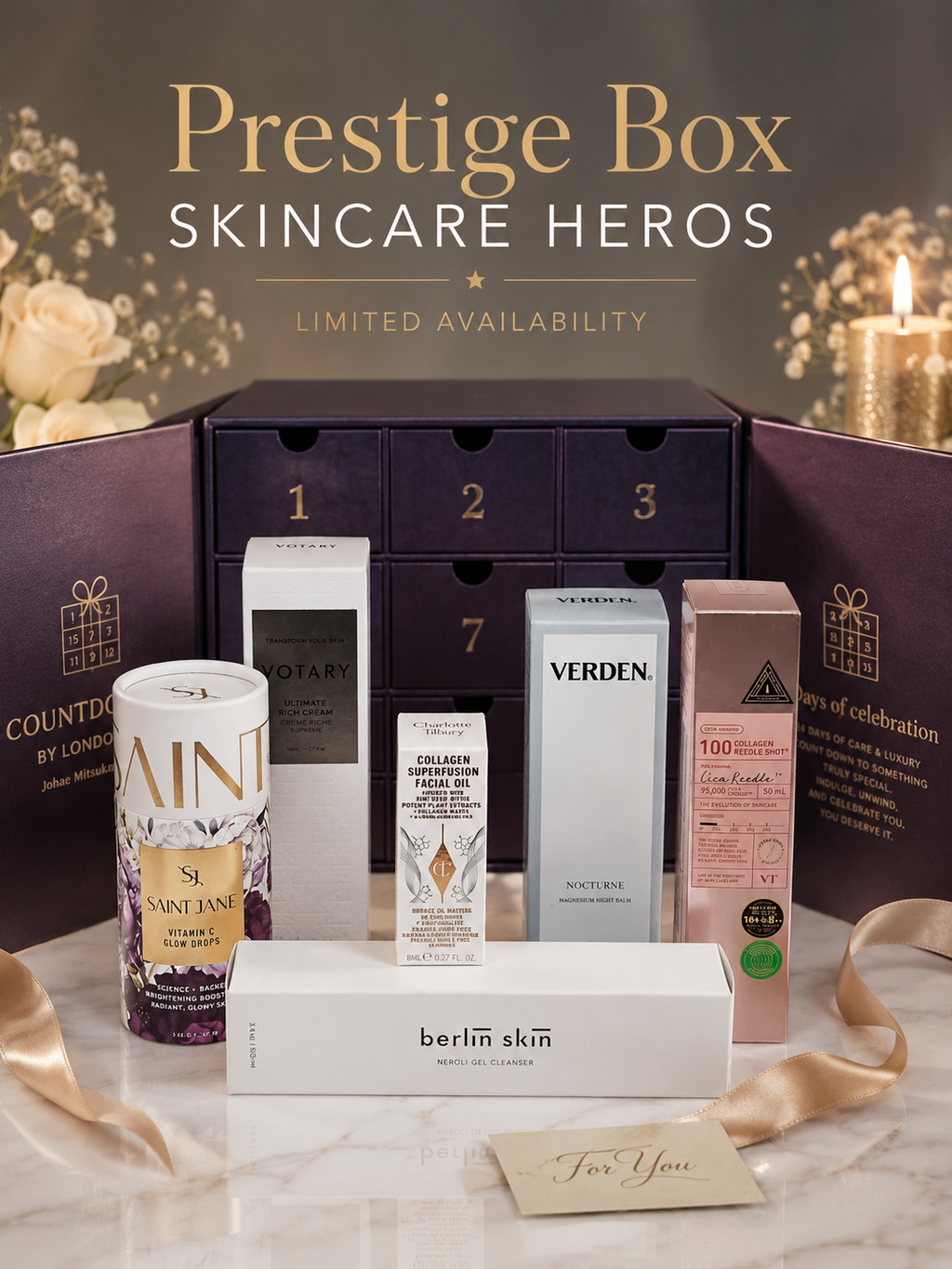 Prestige Box skincare products with 'Skincare Heroes' text and limited availability label.